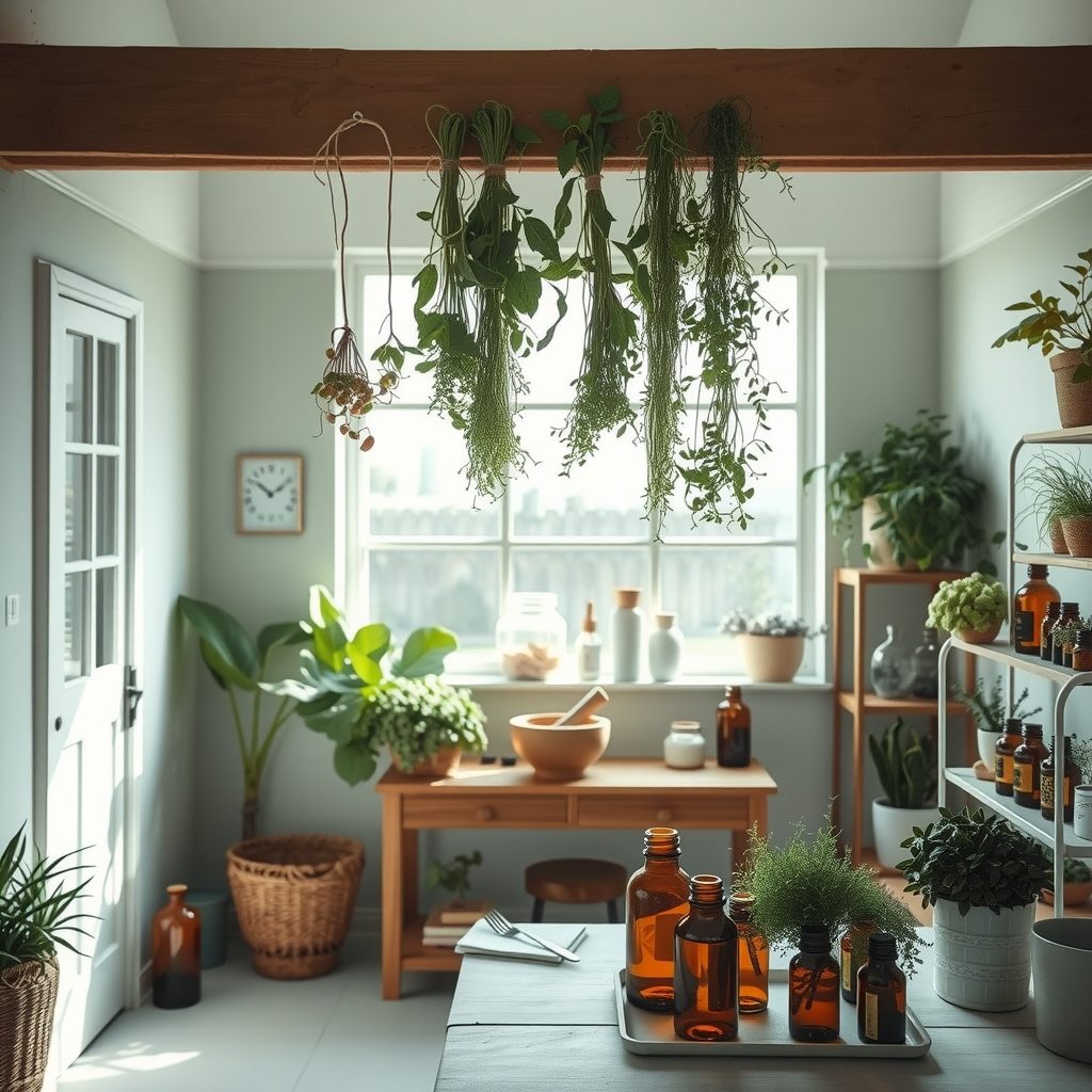 Inside The Vegan Teahouse workshop, fresh herbs hanging to dry